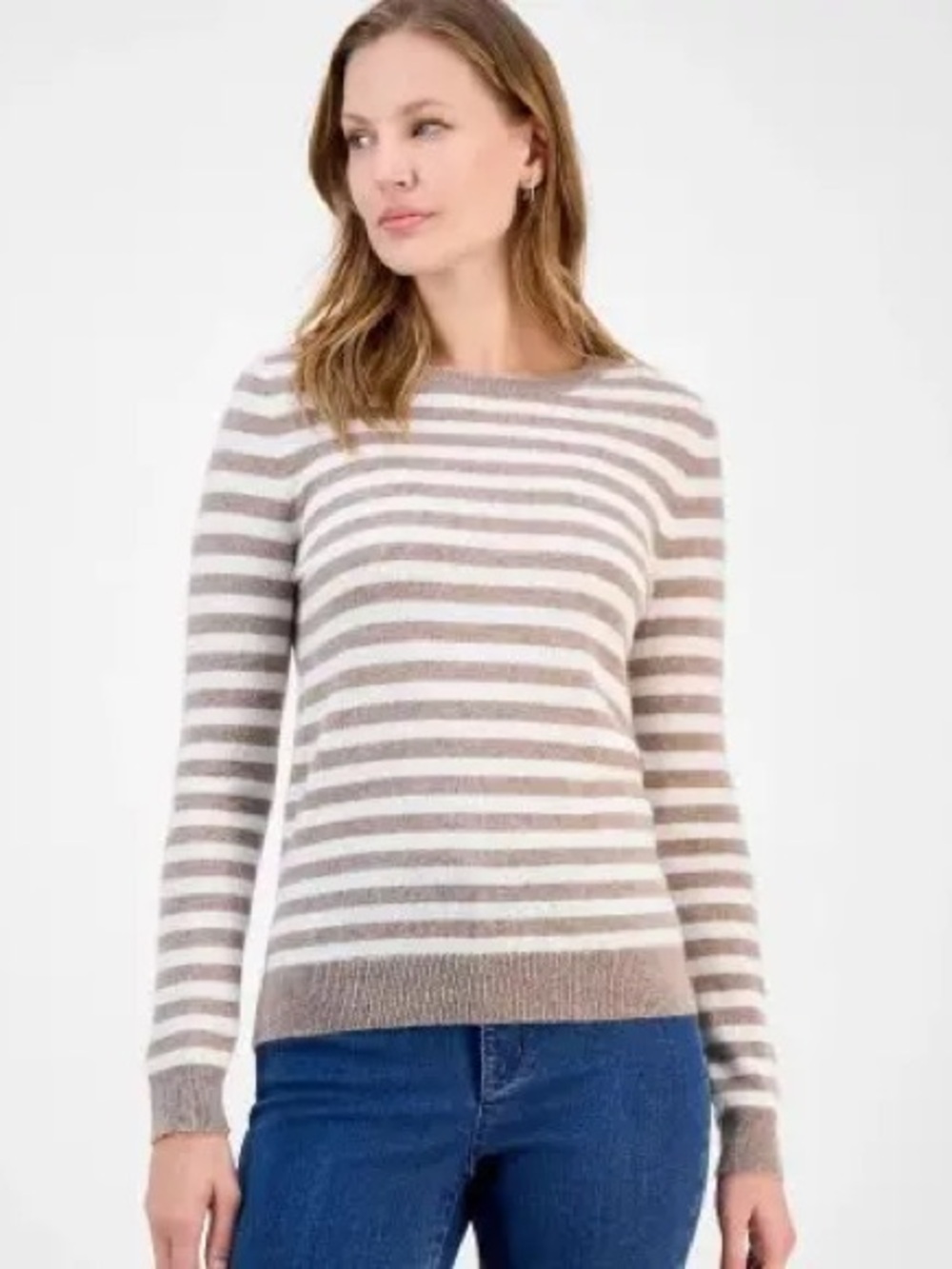 Charter Club 100% Cashmere Classic Crew Sweater, Oatmeal Brown and Cream Stripe